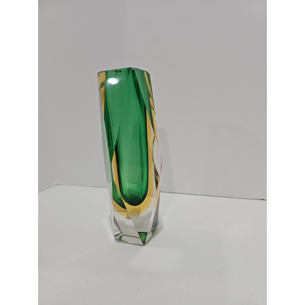 Vintage Murano Sommerso Faceted Art Olive Green Glass Vase 8" Tall - Picture 2 of 10